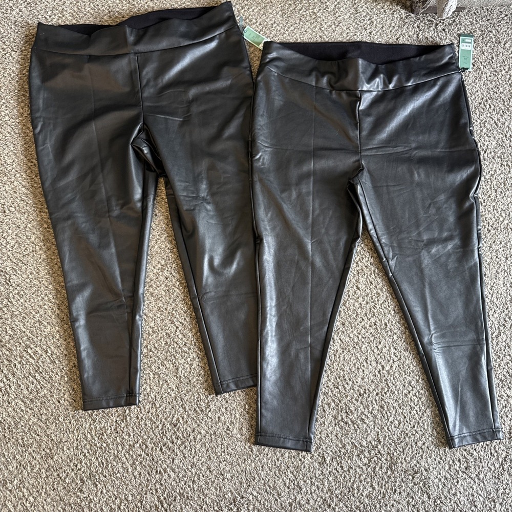 2 Pair TERRA & SKY - PLUS SIZE: 3X Faux Leather Leggings Black NWTs